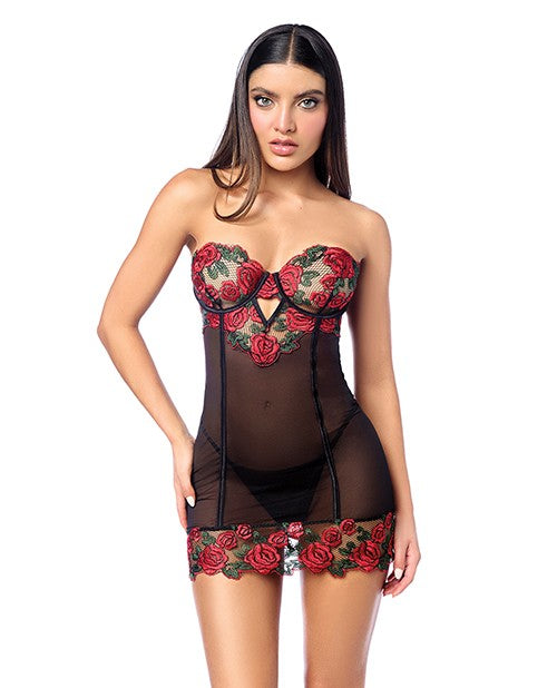 Untamed Floral Embroidered Underwire Babydoll w/Back Lace Up Detail & G-String - Black/Red