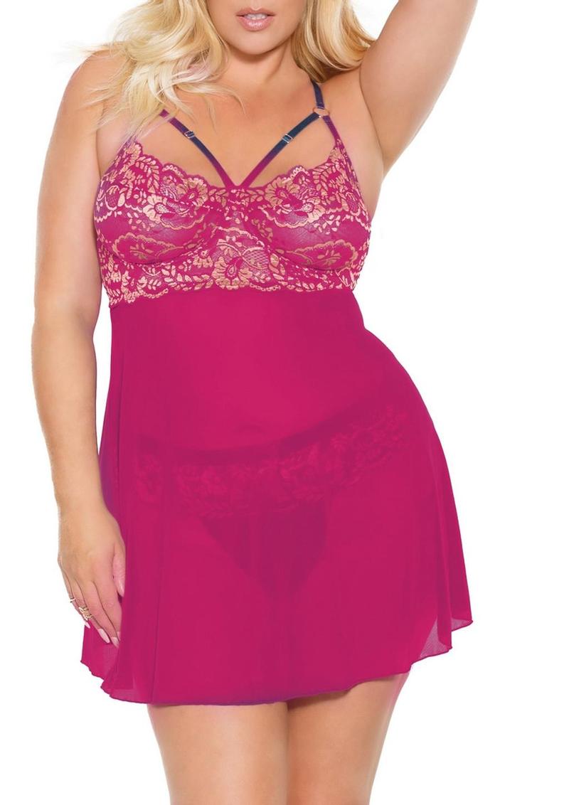 Pink Pussycat Babydoll & Thong - Pink/Rose Gold