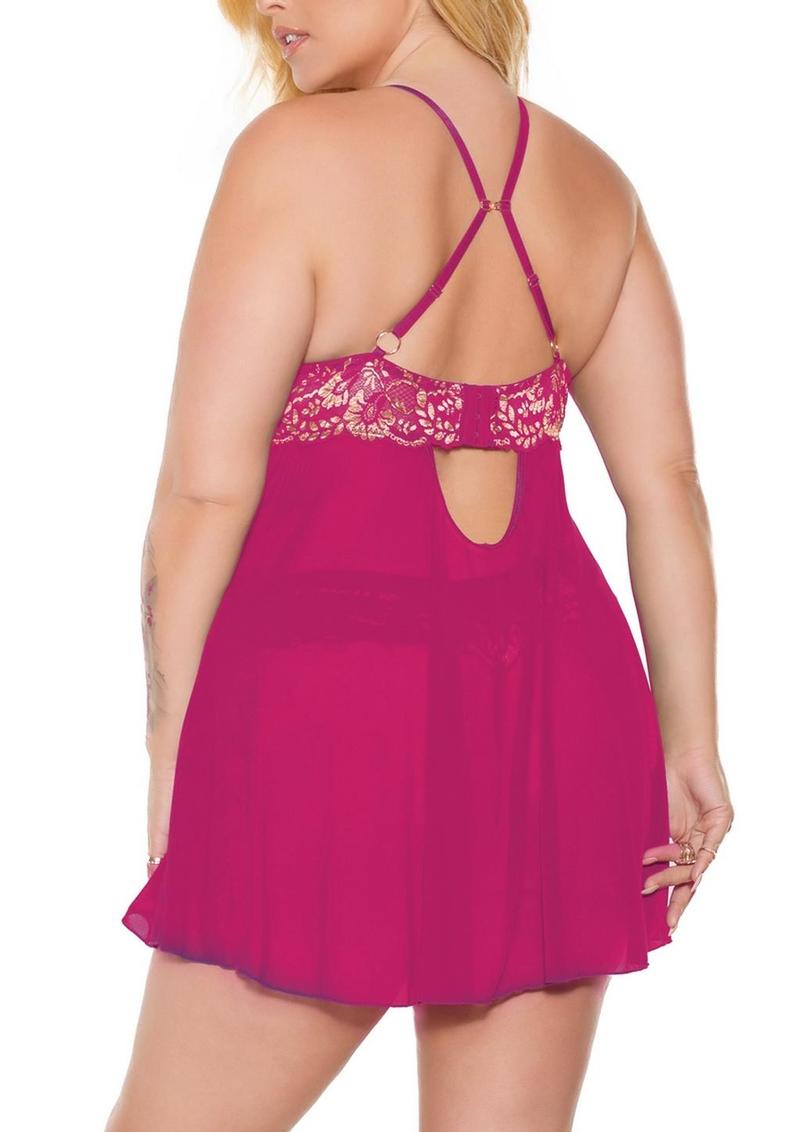 Pink Pussycat Babydoll & Thong - Pink/Rose Gold