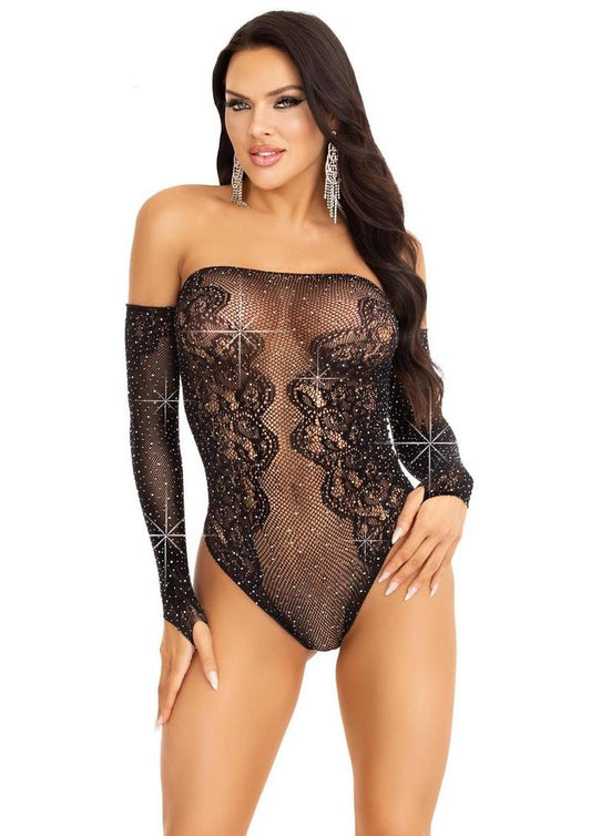 Rhinestone Net and Lace Off the Shoulder Teddy