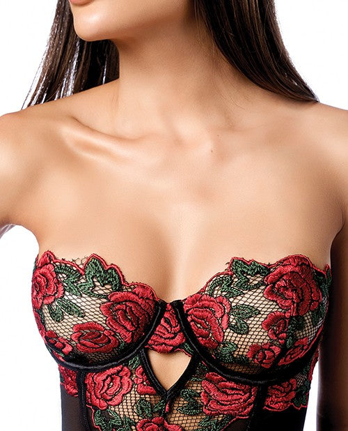 Untamed Floral Embroidered Underwire Babydoll w/Back Lace Up Detail & G-String - Black/Red